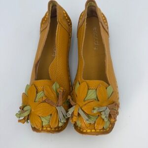 Socofy Yellow Leather Floral Applique Loafers Hand Stitched Flats Womens 235 6.5